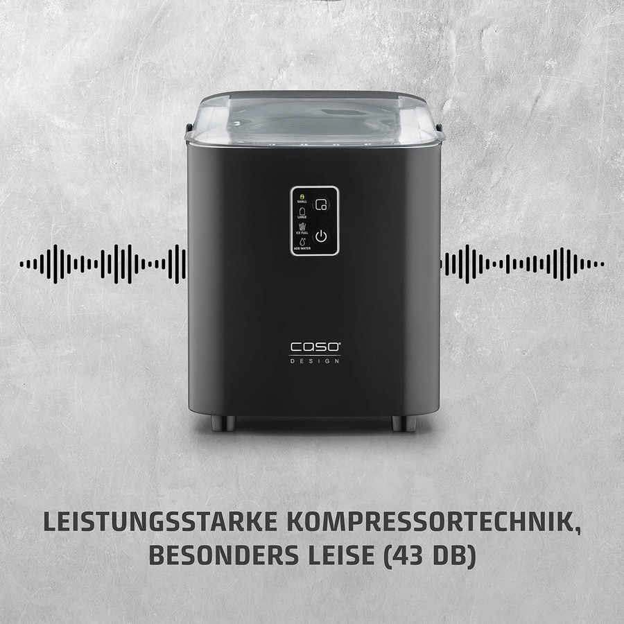 Schwarzer Eiswürfelbereiter mit Kompressor, leise mit Lautstärkeanzeige.