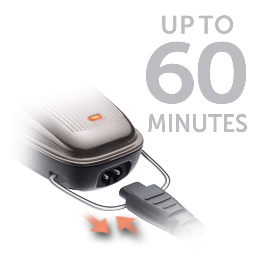 Akku-Rasierer mit Ladekabel und der Aufschrift 'Up to 60 Minutes'.