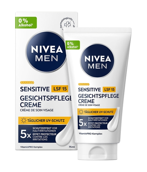 Nivea Men Sensitive LSF 15 Gesichtscreme mit 0% Alkohol und täglichem UV-Schutz.