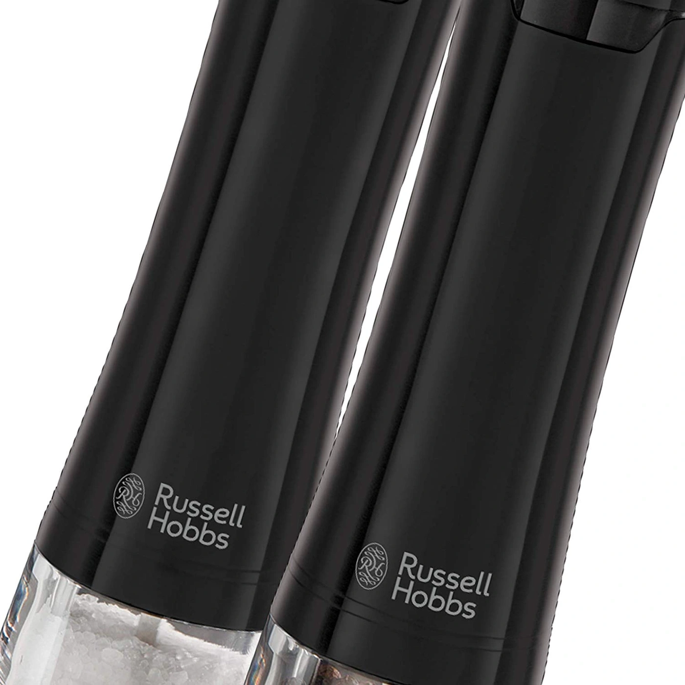 Zwei schwarze Russell Hobbs Pfeffermühlen, Nahaufnahme, elegantes Design, Küchenutensilien.