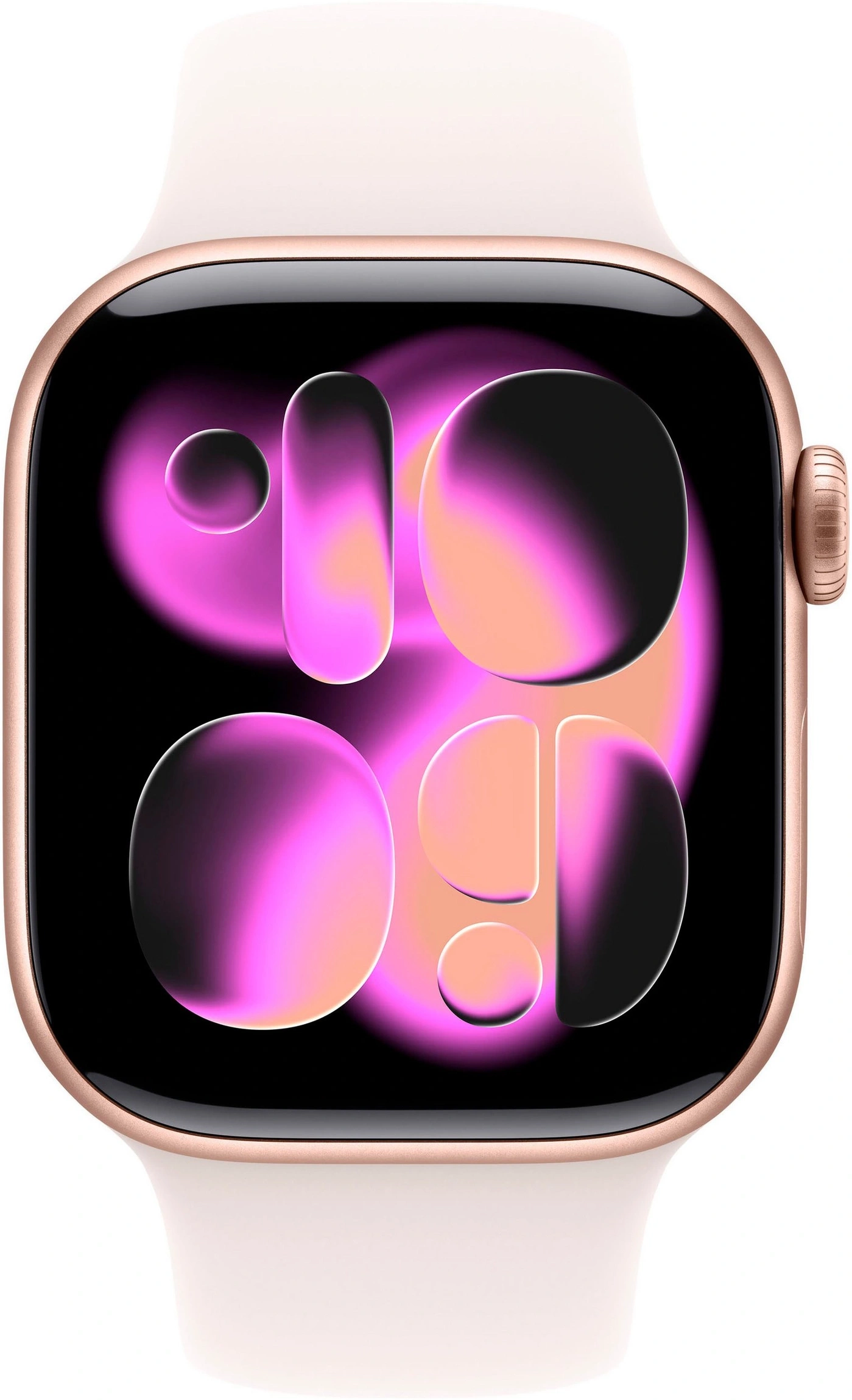 Eine goldene Apple Watch mit einem abstrakten, neonfarbenen Zifferblatt.