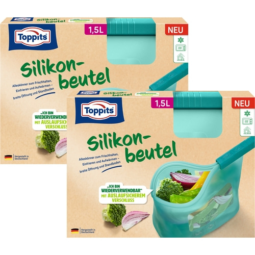 Toppits Silikonbeutel, wiederverwendbar, 1,5L, neu, für Lebensmittel, hergestellt in Deutschland