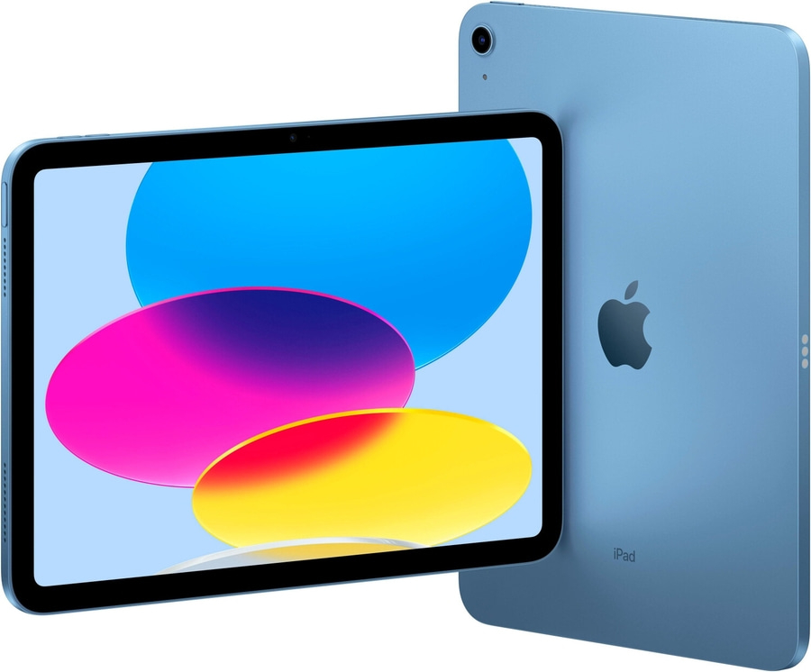 Blaues iPad mit bunten Bildschirmfarben, Apple-Logo und Kamera