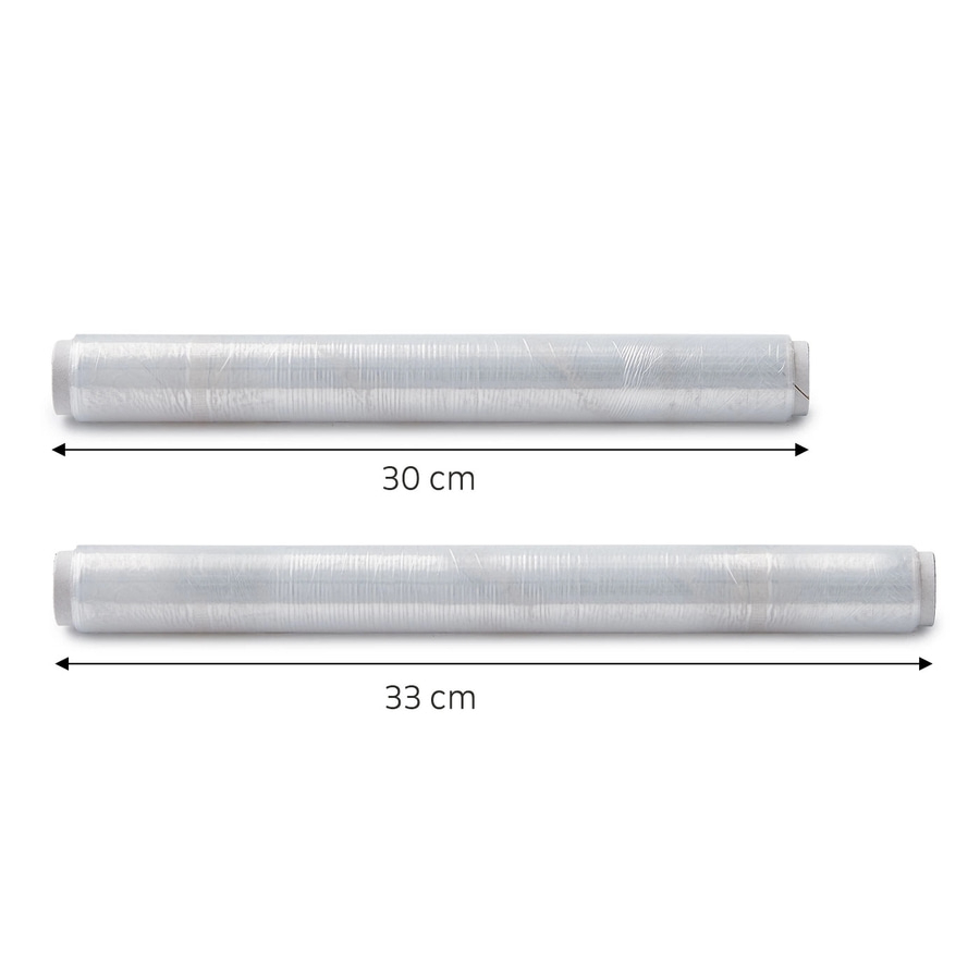 Zwei Rollen Frischhaltefolie, eine 30 cm und eine 33 cm lang.