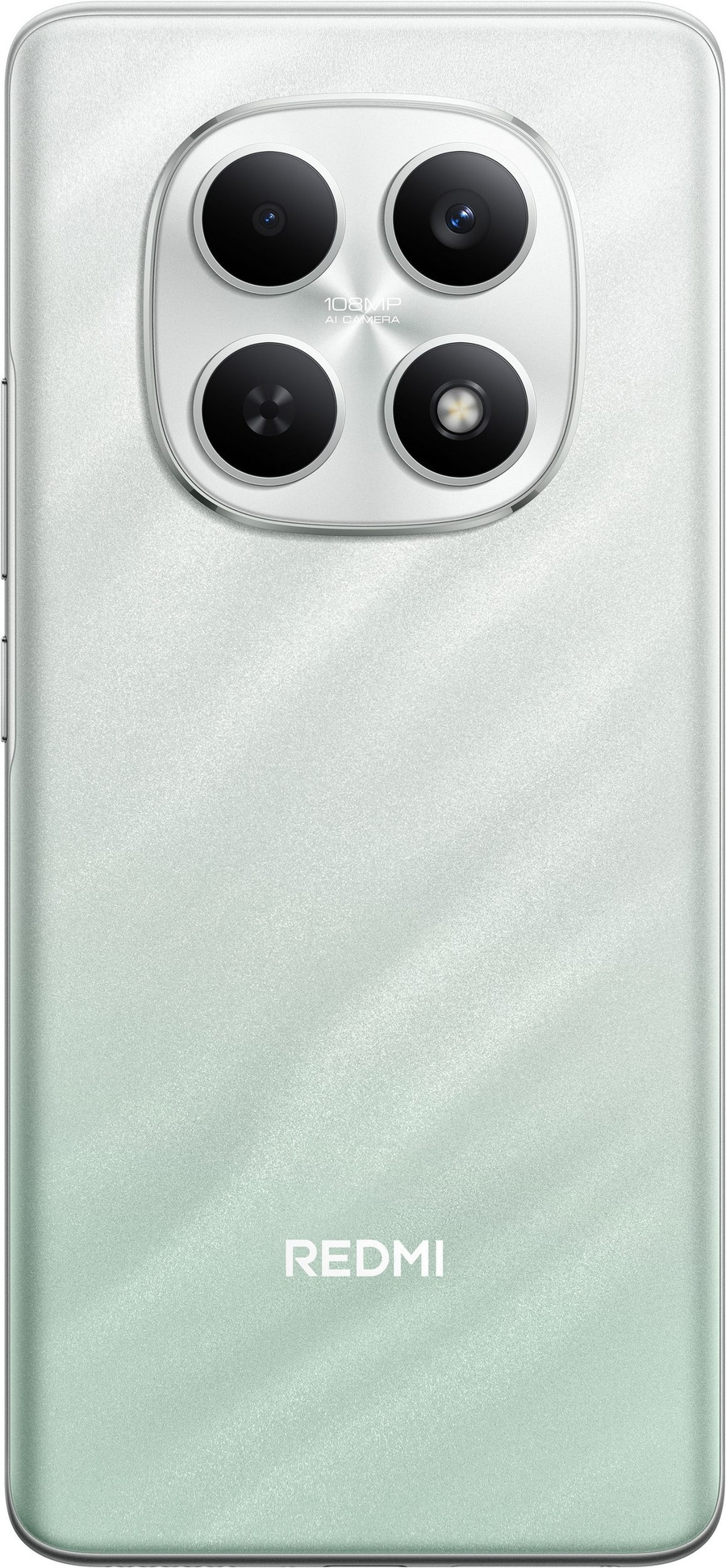 Rückseite eines gr
l
lfarbenen Redmi Smartphones mit vier Kameras und dem Redmi-Logo.