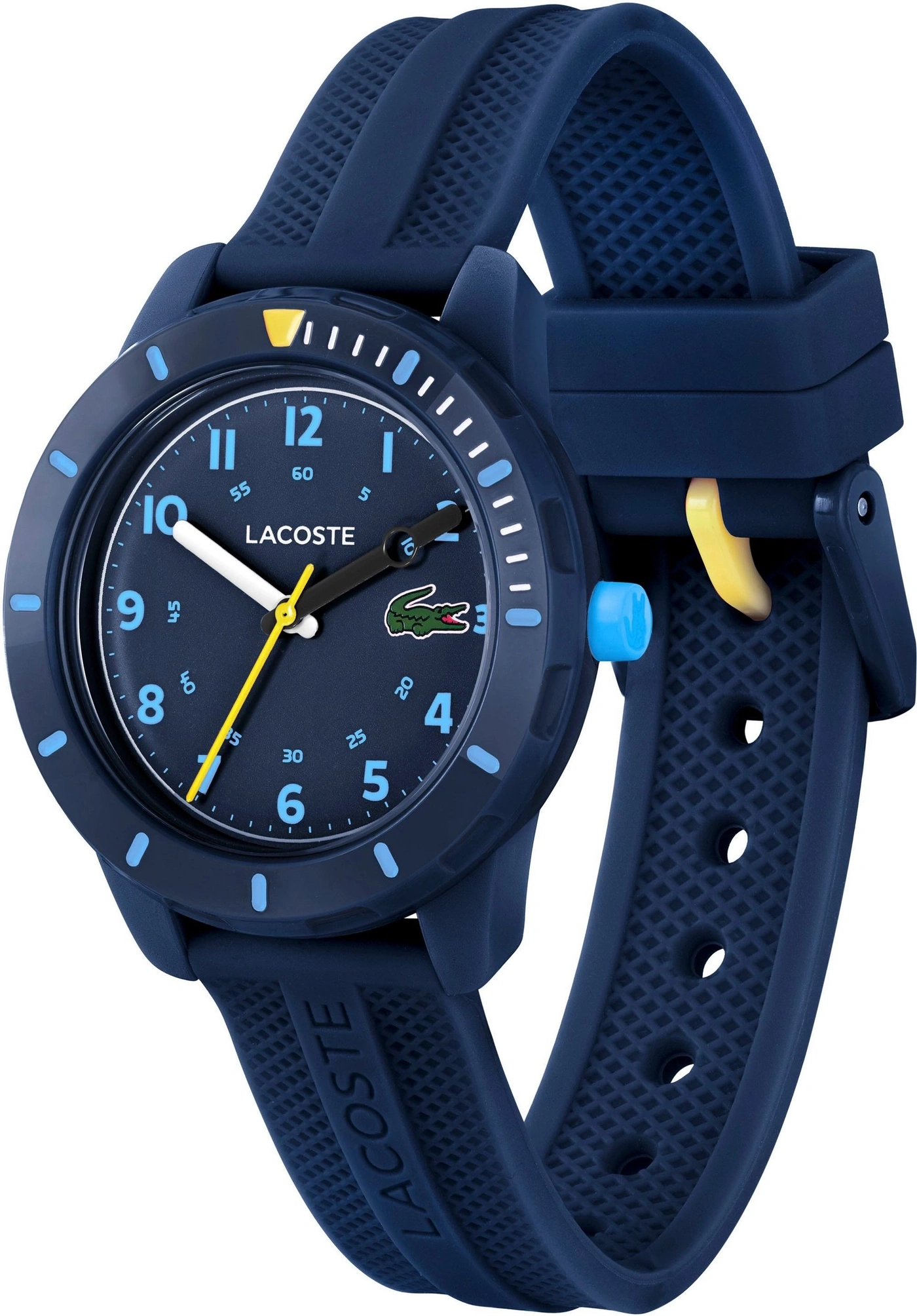 Dunkelblaues Lacoste-Armbanduhr mit gelben Akzenten.