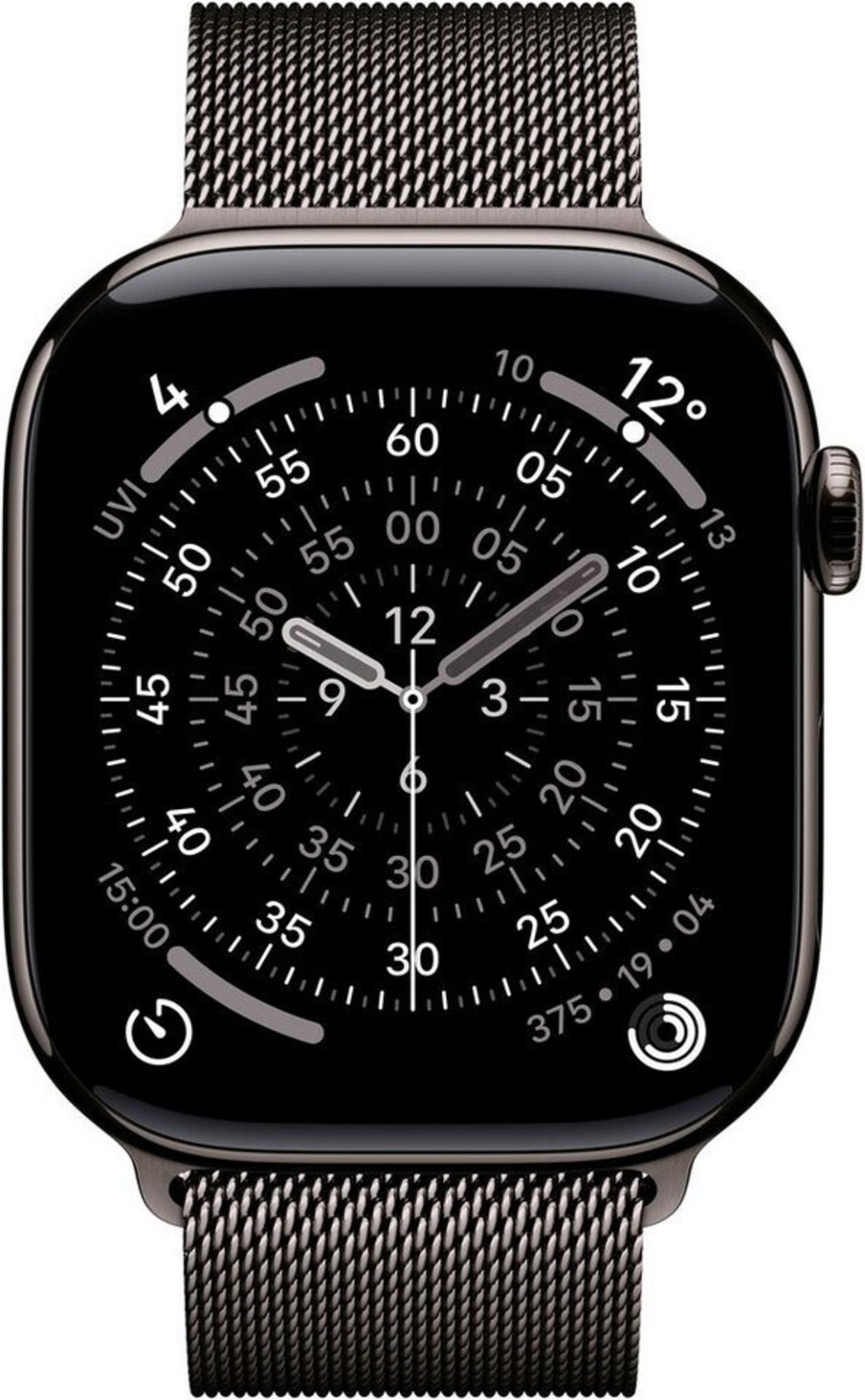 Eine schwarze Smartwatch mit einem digitalen Zifferblatt und einem Milanaise-Armband.