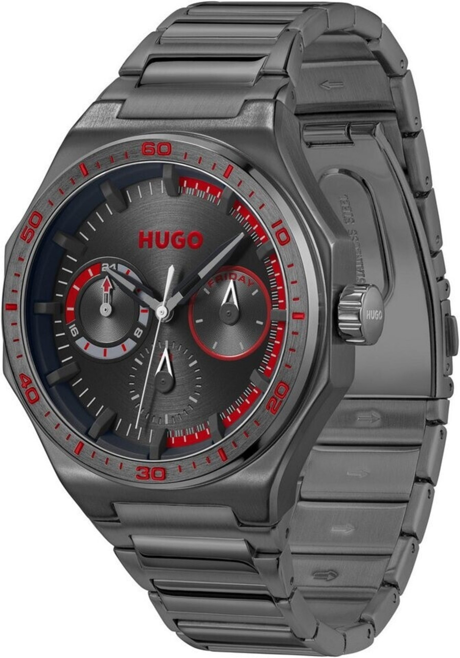 Graue Hugo Armbanduhr mit roten Akzenten und drei Zifferblättern