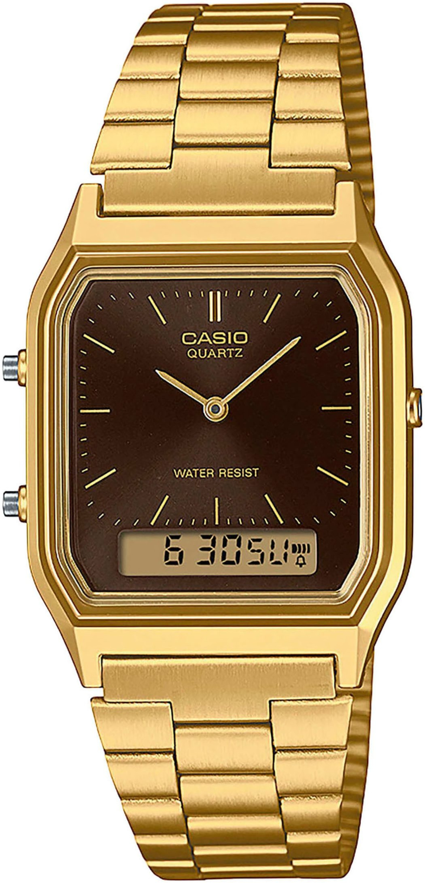 Goldene Casio-Uhr mit braunem Zifferblatt und digitaler Anzeige