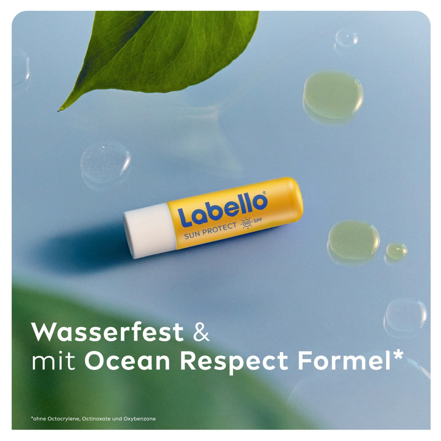 Labello Sun Protect Lippenbalsam mit Blatt und Wassertropfen auf blauem Hintergrund