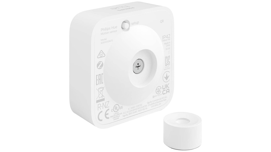 Philips Hue Bewegungssensor, Modell 9290030675, IP42, Indoor-Einsatz, hergestellt in China.