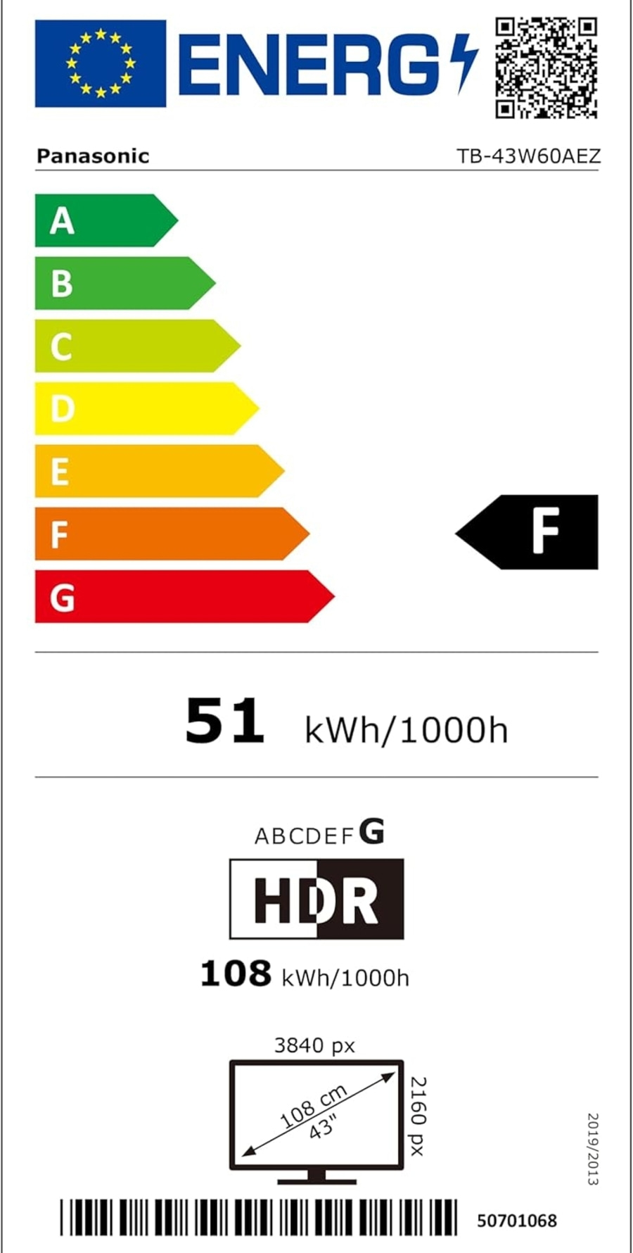 Energieetikett für Panasonic Fernseher, Energieeffizienzklasse F, 51 kWh/1000h