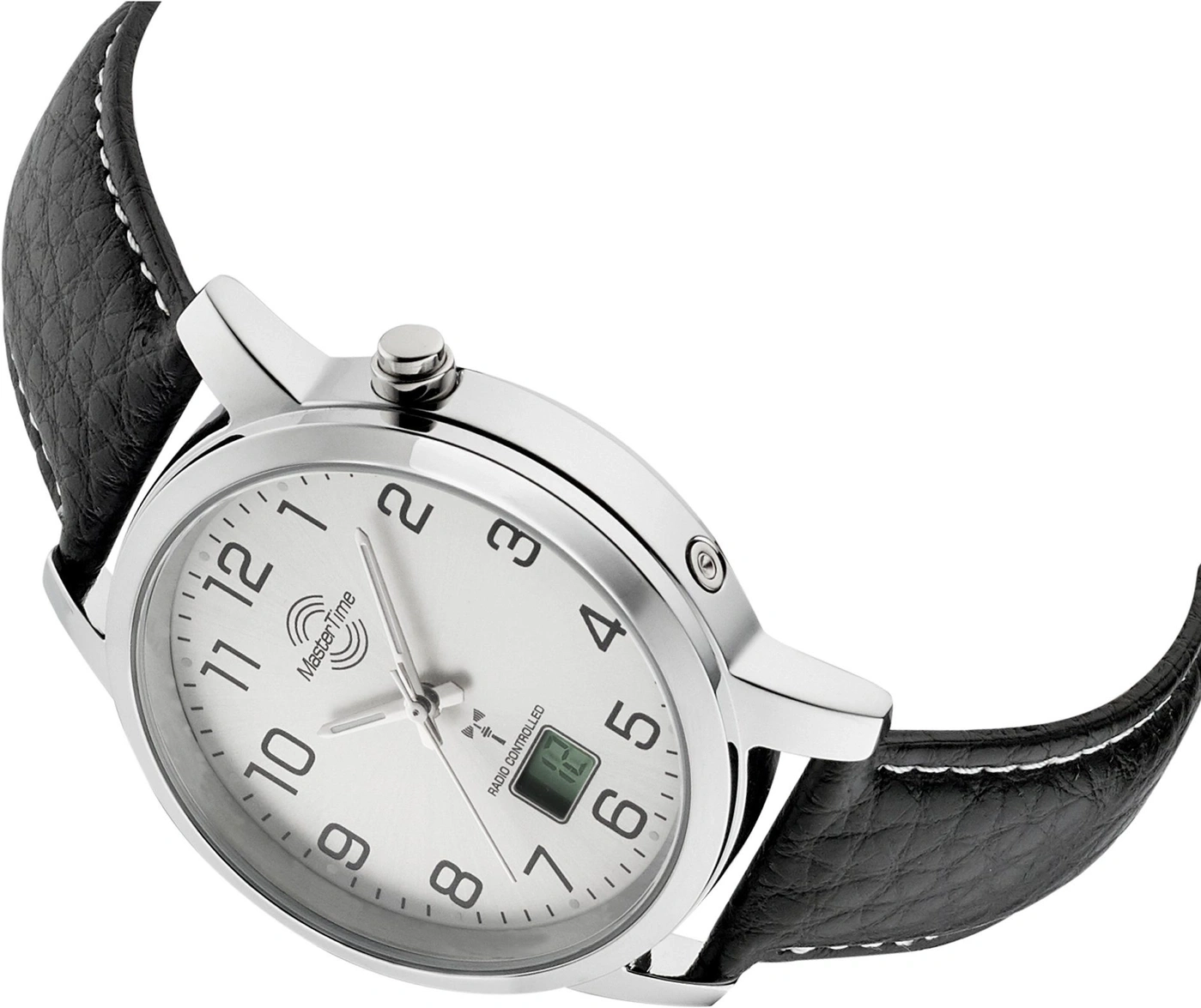 Silberne Herrenuhr mit weißem Zifferblatt und schwarzem Lederarmband.