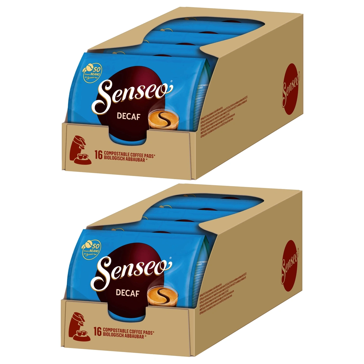 Zwei Senseo Decaf Kaffeepads-Boxen mit 16 kompostierbaren Pads