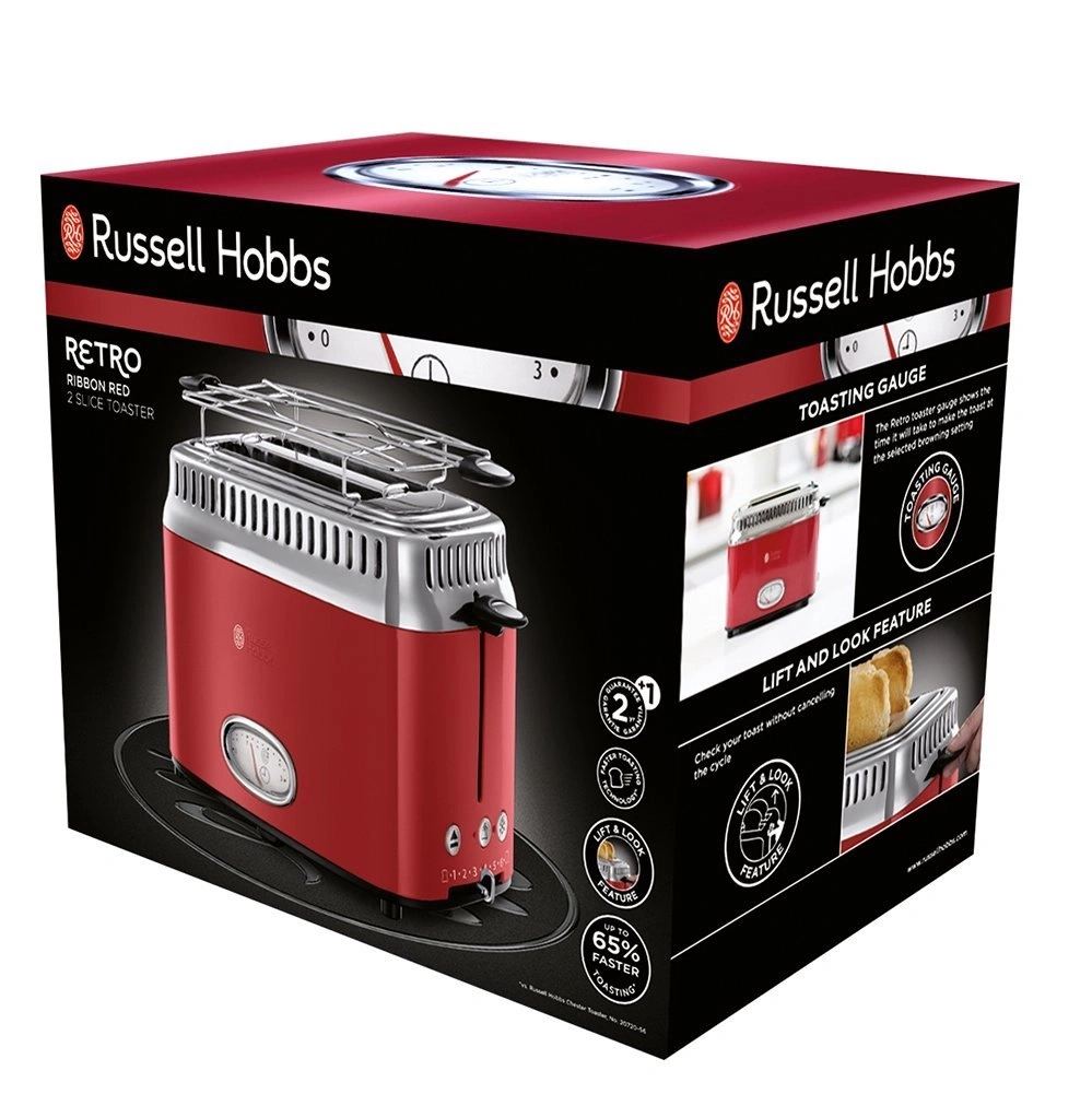 Retro-Toaster von Russell Hobbs, rot, 2 Scheiben, mit Funktionen wie Toasting Gauge und Lift & Look.