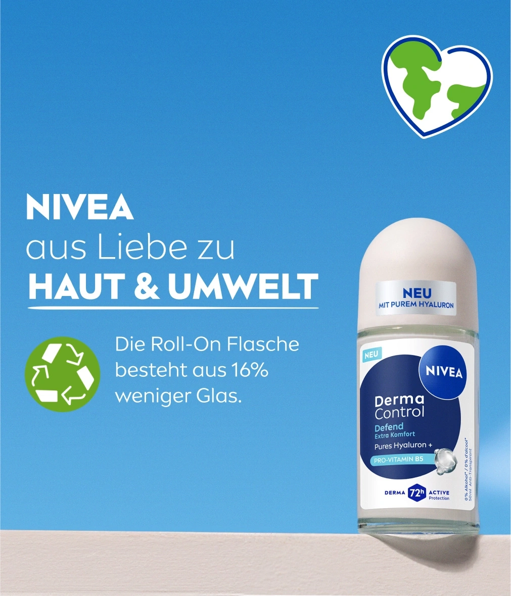 Nivea Derma Control Roll-On Flasche besteht aus 16% weniger Glas.