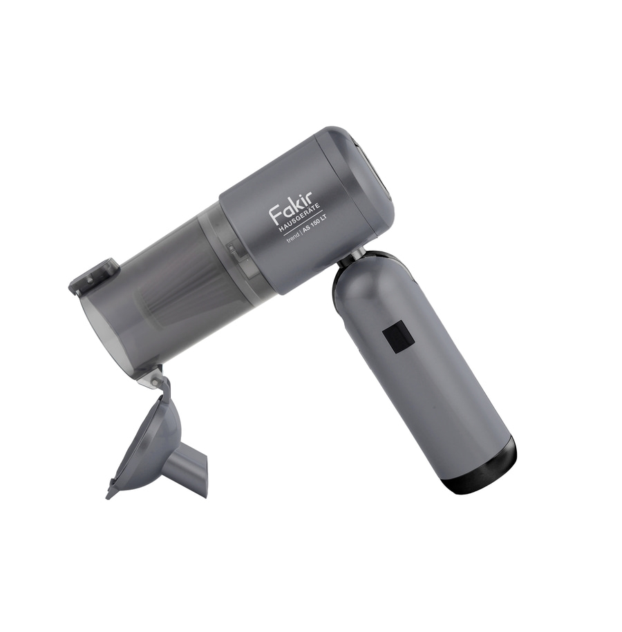 Ein grauer Handstaubsauger mit transparentem Staubbehälter und schwarzem Griff.