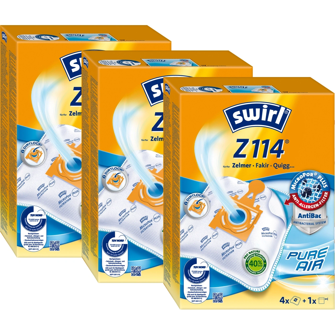Swirl Z114 Staubsaugerbeutel, 3 Packungen, für Zelmer, Fakir, Quigg, Anti-Allergen-Filter