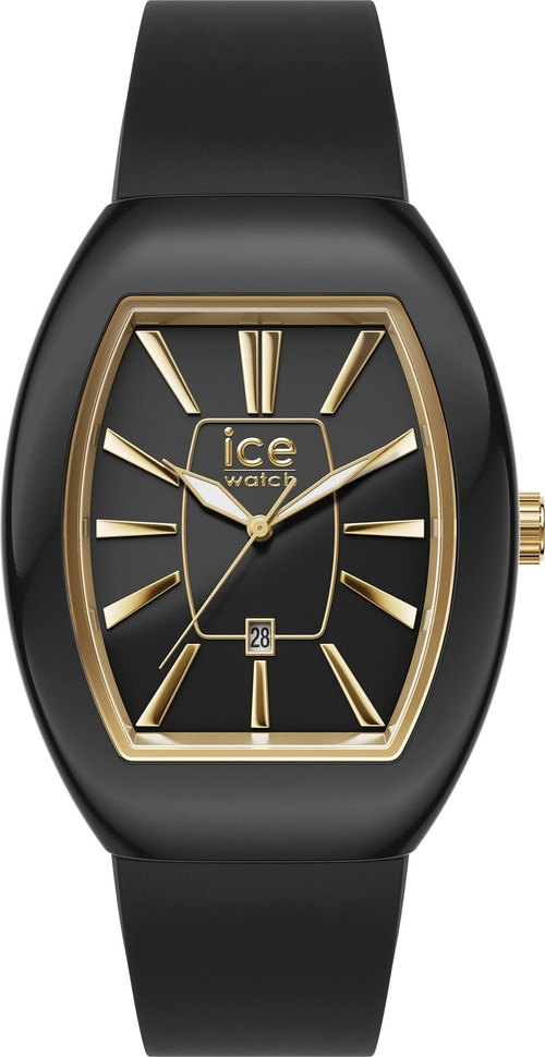 Schwarze Ice Watch Uhr mit goldenen Details und Datumsanzeige am Handgelenk