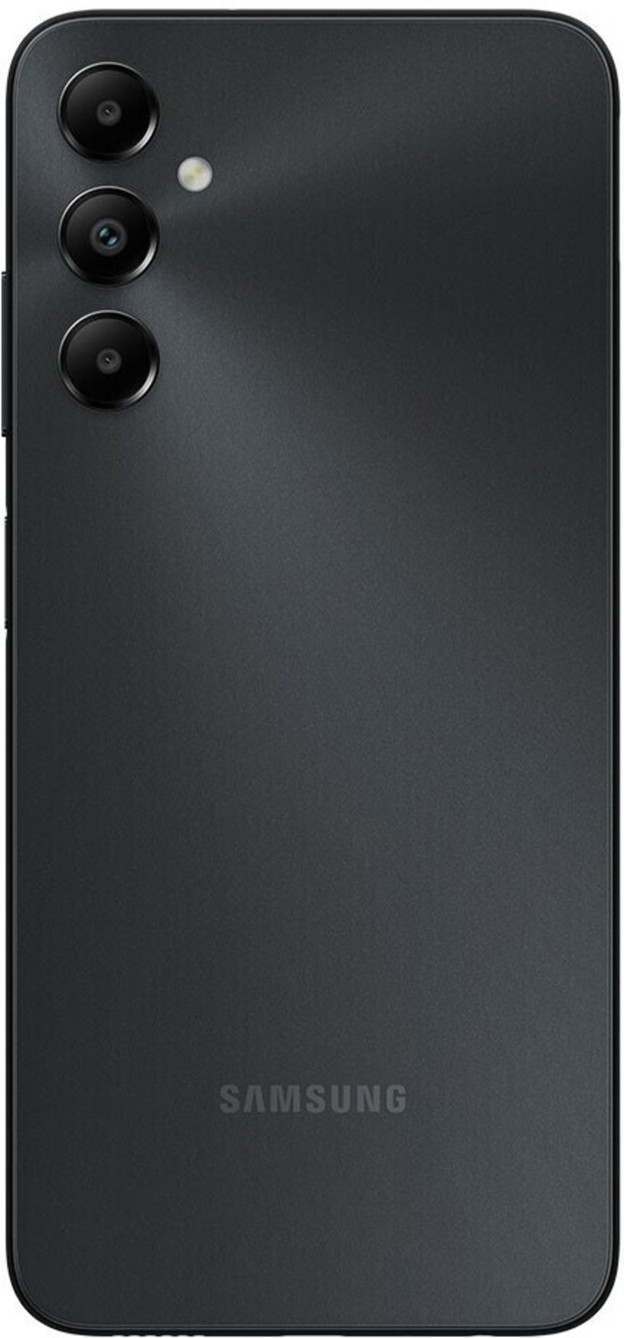 Schwarzes Smartphone mit drei Kameras und Samsung-Logo auf der Rückseite.
