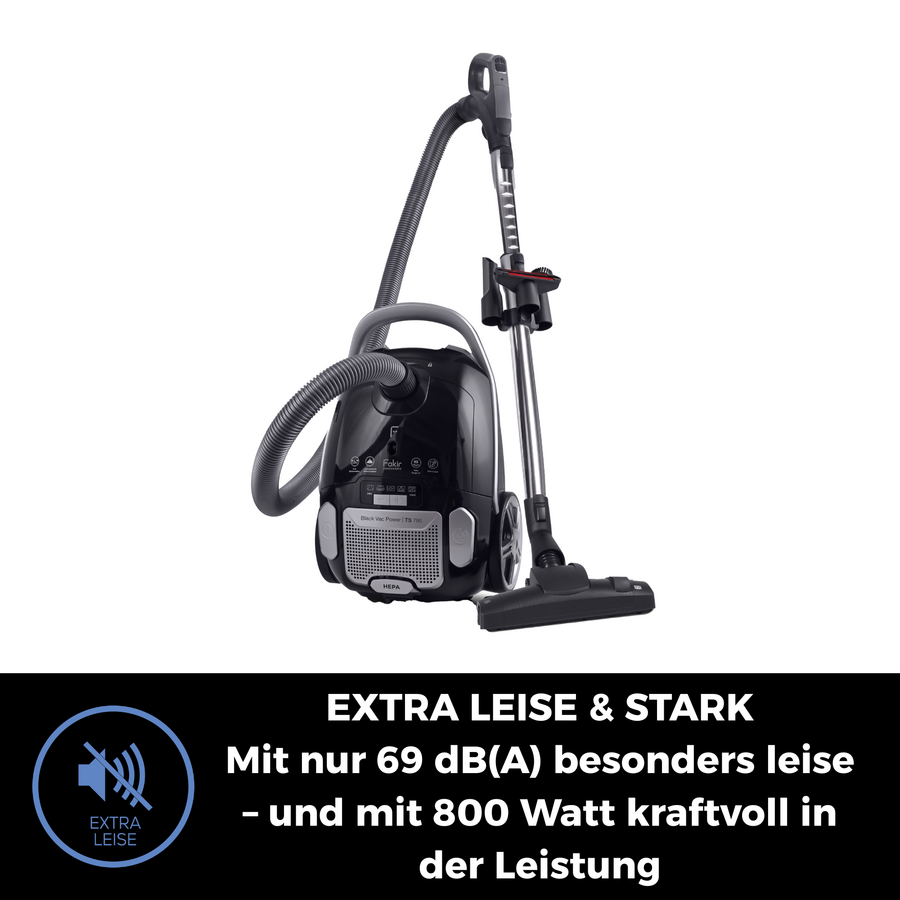 Staubsauger mit der Aufschrift "EXTRA LEISE & STARK"