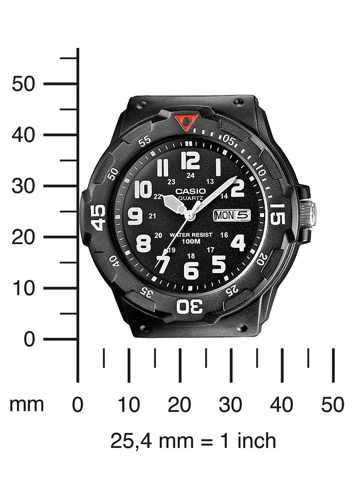 Schwarz Casio Quarz Uhr mit Datum und Wasserdichtigkeit auf einem Maßstab.