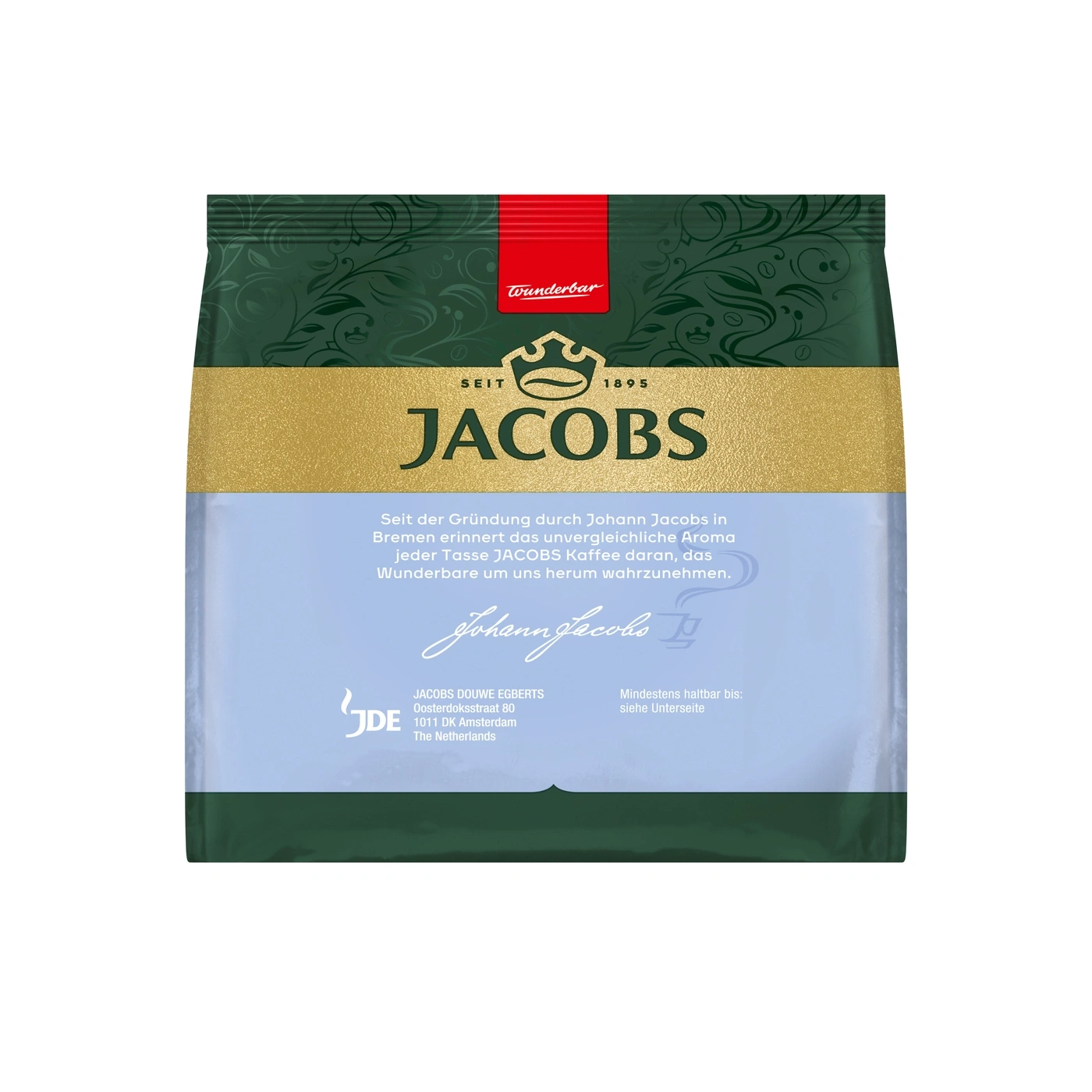 Jacobs Kaffee-Packung mit Gold- und Grünband und Aufschrift Wunderbar