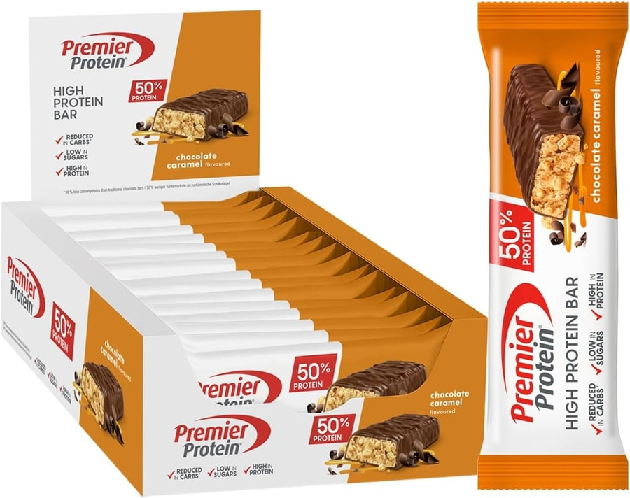 Premier Protein Riegel mit 50% Protein, Schoko Karamell Geschmack, verpackt in einer Box und einzeln.