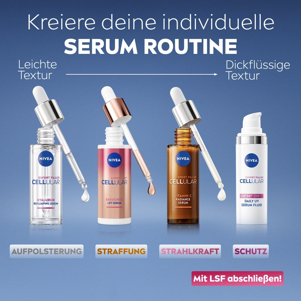 Nivea Serum Routine mit vier verschiedenen Seren und ihren Anwendungsbereichen.