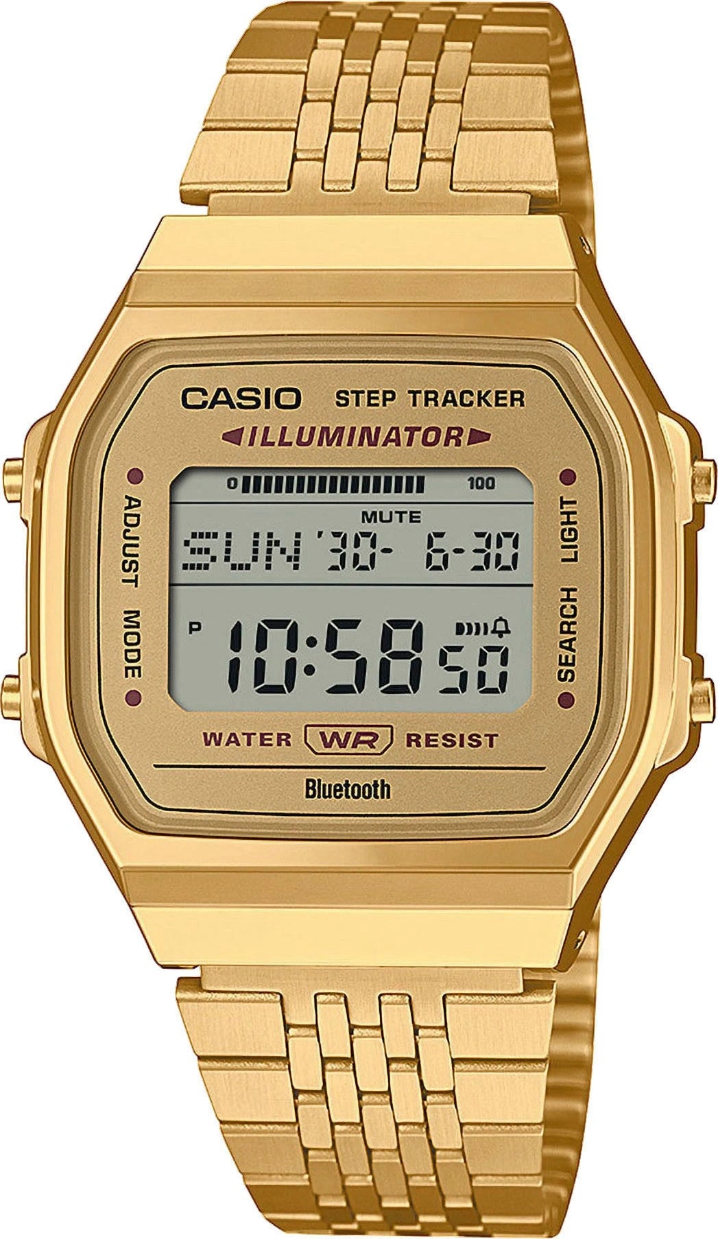 Eine goldene Casio Armbanduhr mit digitaler Anzeige und Bluetooth-Funktion.