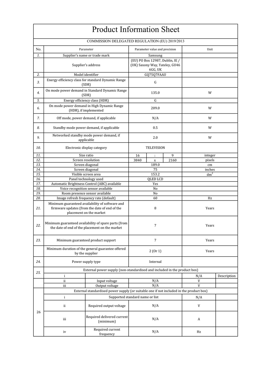 Produktinformationsblatt mit technischen Daten zu Energieeffizienz, Bildschirm und Stromversorgung.