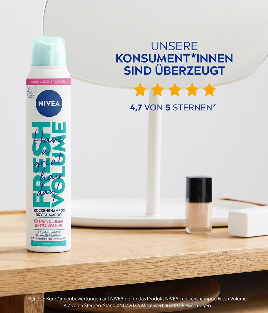 Nivea Trockenshampoo mit Bewertung von 4,7 Sternen. Konsumenten sind überzeugt.