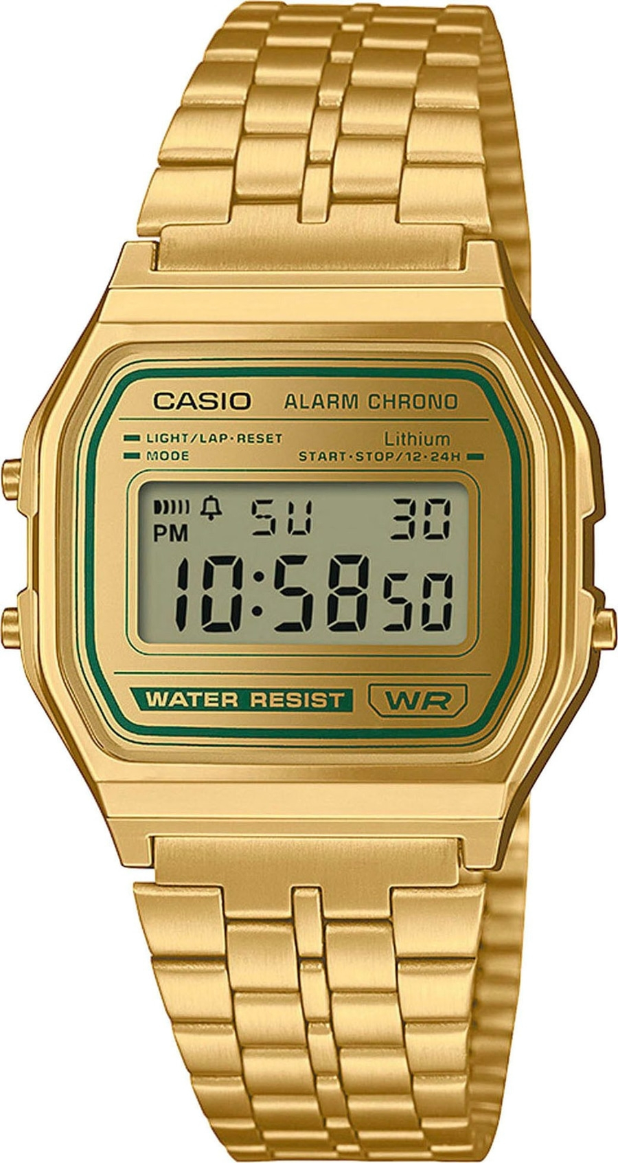 Goldene Casio Uhr mit digitaler Anzeige und grünem Rand