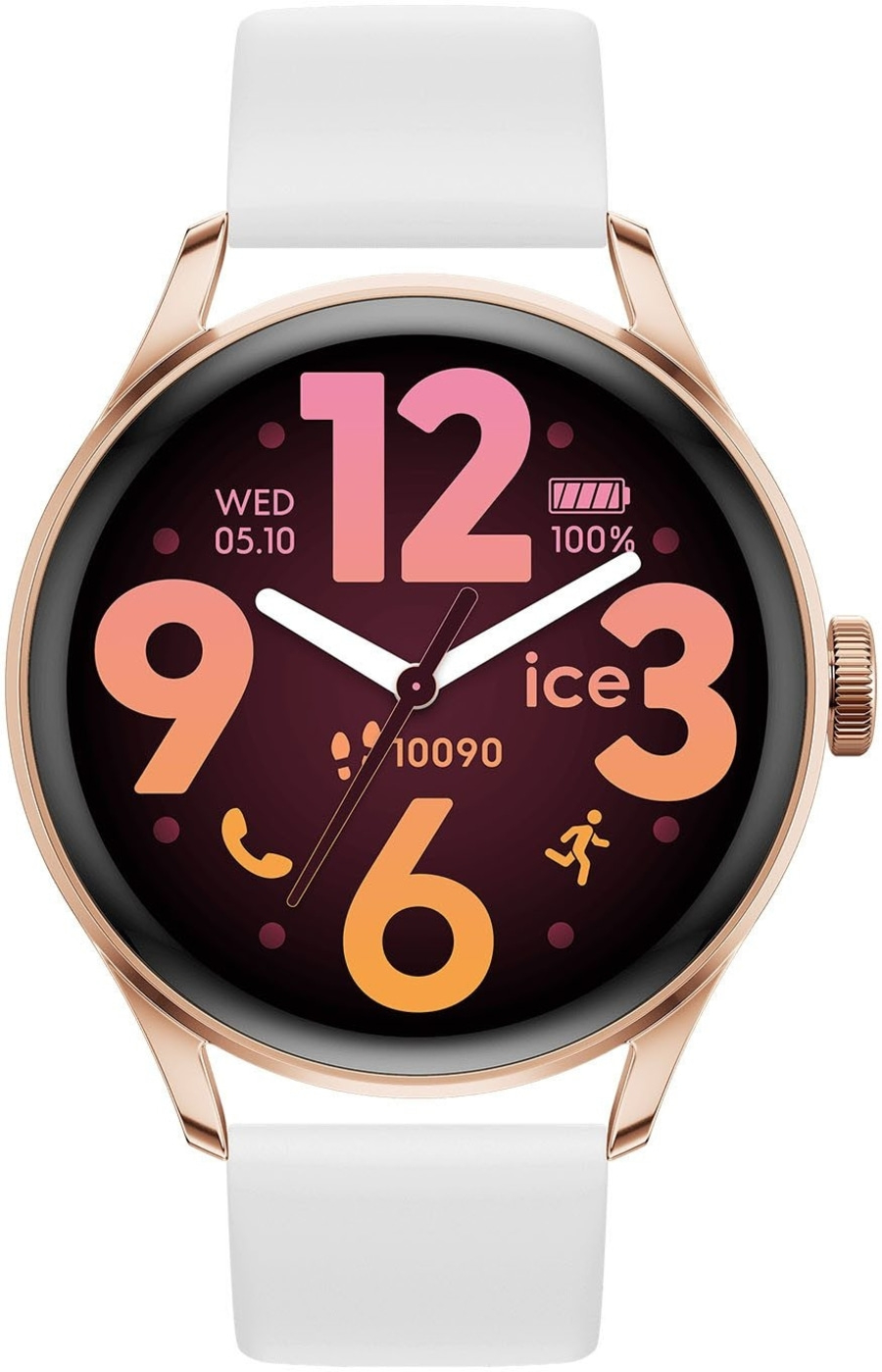 Eine Nahaufnahme einer Smartwatch mit weißem Armband und rosegoldenem Gehäuse.
