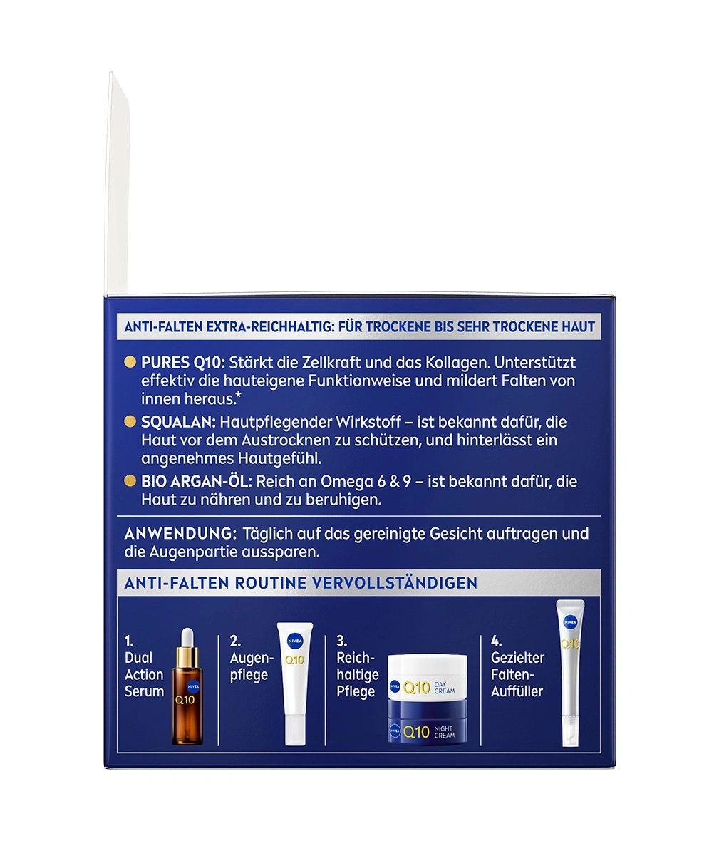 Nivea Q10 Anti-Falten Extra-Reichhaltig für trockene Haut mit Anwendungshinweisen und Produktübersicht.