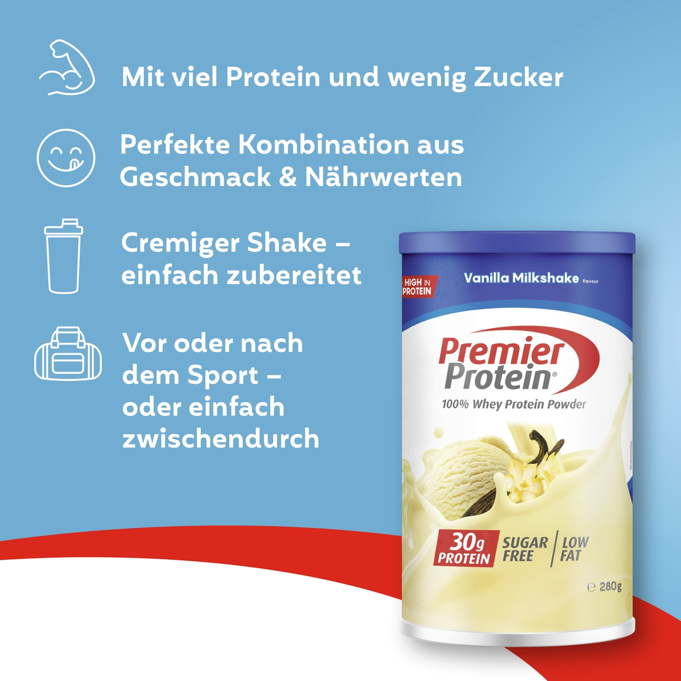 PREMIER PROTEIN Whey 100% Protein Powder Vanilla Milkshake ohne Zucker 6 x 280 g