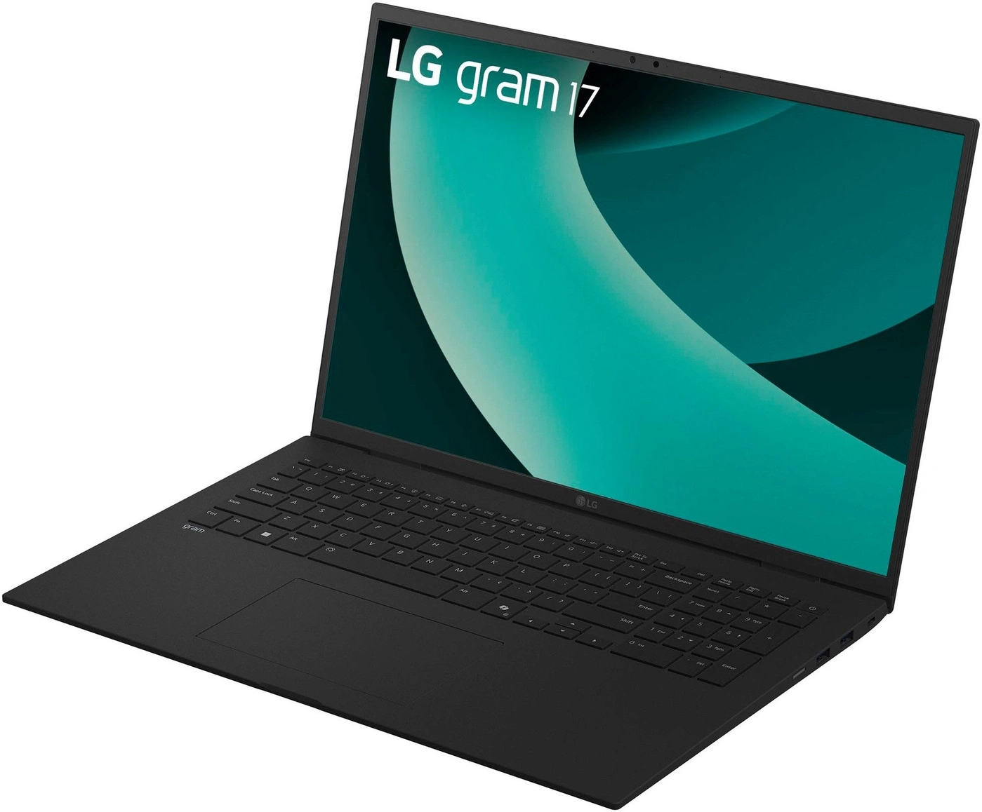 Ein schwarzer LG Gram 17 Laptop mit einem tealfarbenen Hintergrund.