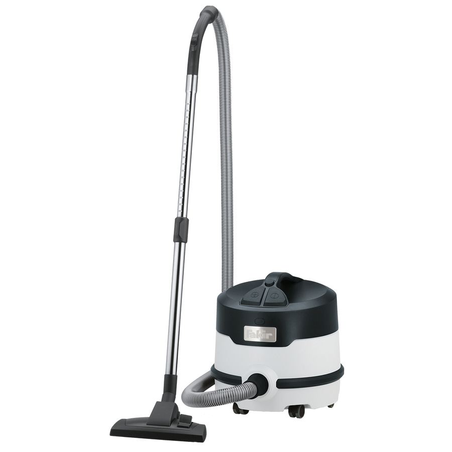 Ein weißer und schwarzer Fakir Staubsauger mit Schlauch und Stiel.