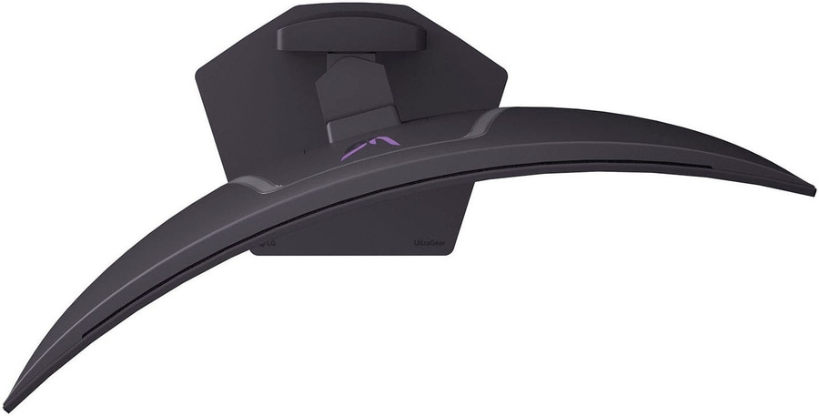 Ein schwarzer gebogener Monitorständer mit LG und UltraGear Logo.