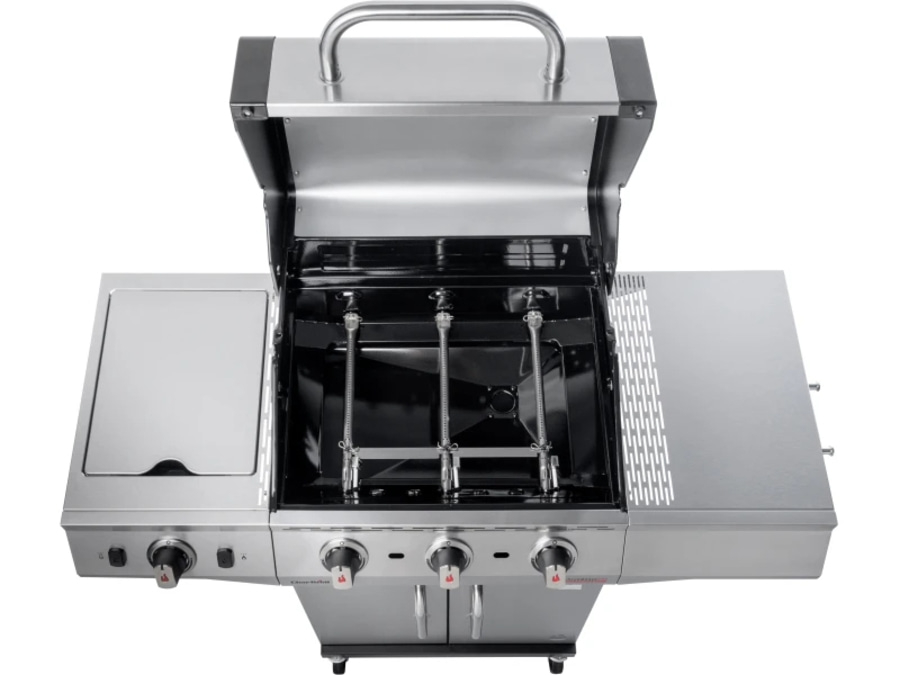 Edelstahl-Gasgrill mit offenem Deckel und drei Brennern, Seitenablage