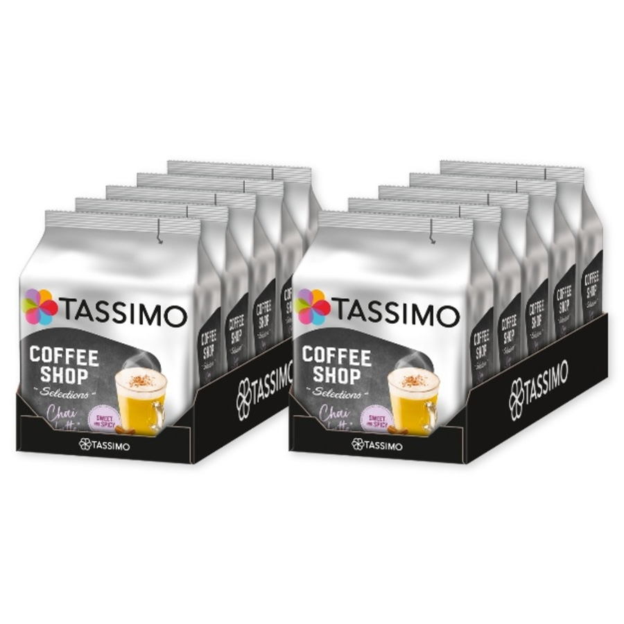 Zwei Packungen Tassimo Kaffee mit 16 Kapseln im Chai-Geschmack.