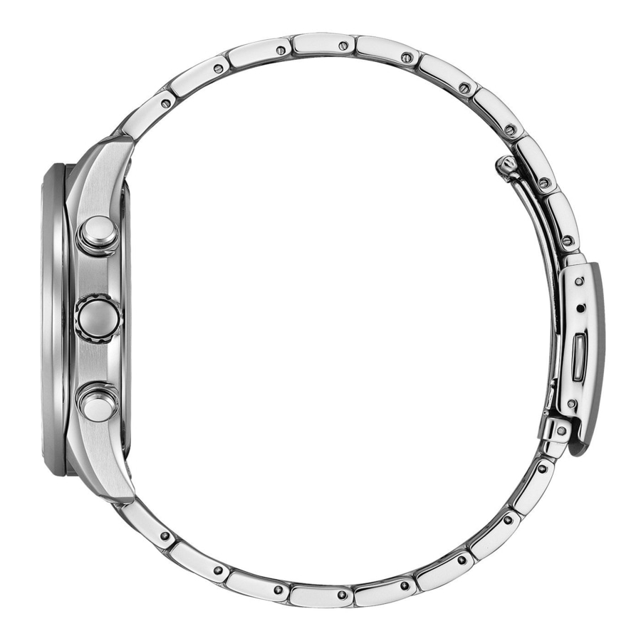 Detailaufnahme einer silbernen Armbanduhr mit Knopf an der Seite