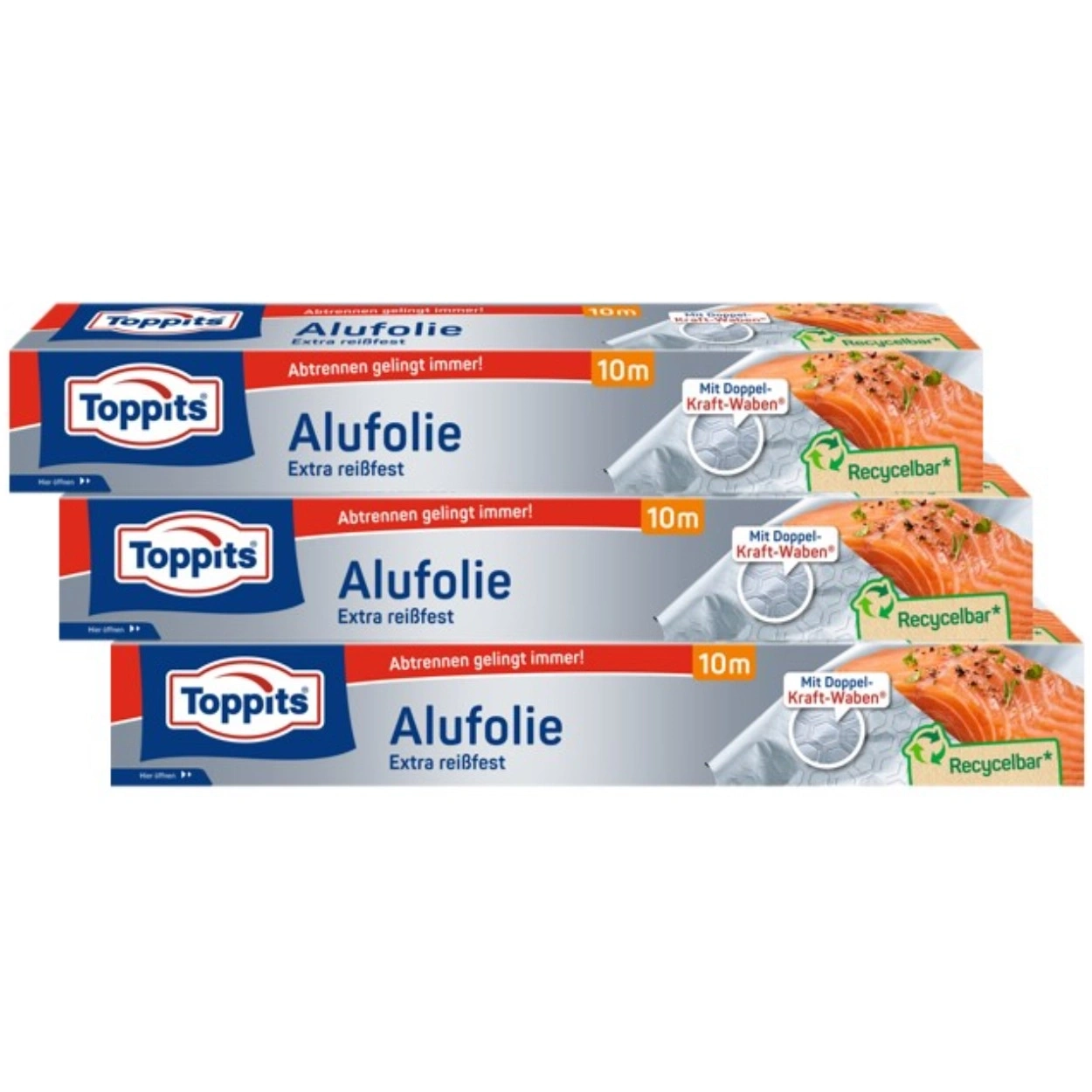 Drei Packungen Toppits Alufolie mit Lachs abgebildet.