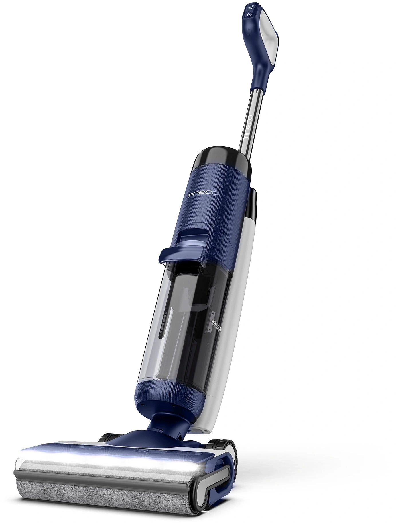 Ein blauer und weißer Nass- und Trockensauger mit LED-Licht.