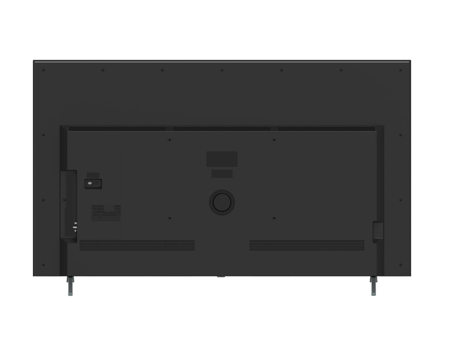 Rückseite eines Fernsehers mit Anschlüssen, Knöpfen und Standfüßen. Schwarzer Bildschirm.