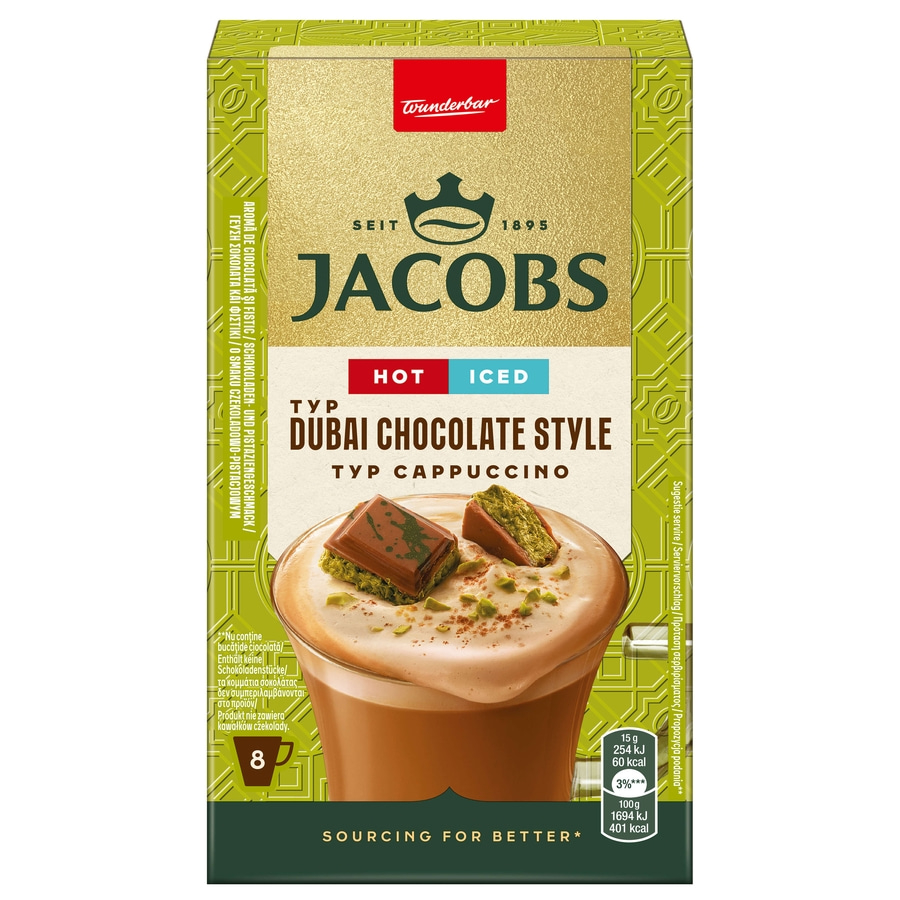Jacobs Dubai Chocolate Style Cappuccino, Heiß oder Eiskaffee, 8 Portionen, 15g, 60 kcal
