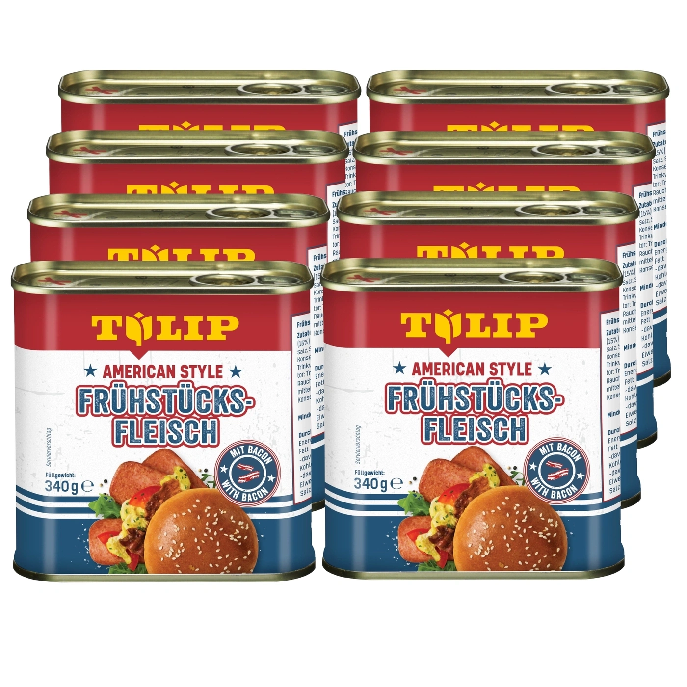 Dosen Tulpen Frühstücksfleisch, amerikanischer Stil, mit Speck.