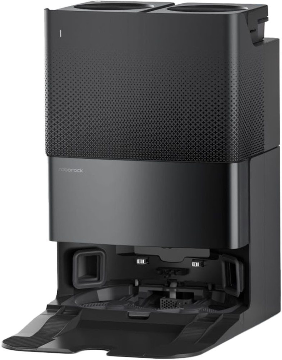 Schwarze Roborock-Reinigungsstation. Automatisches Staubsauger-Zubehör. Reinigungssystem für Roboter.