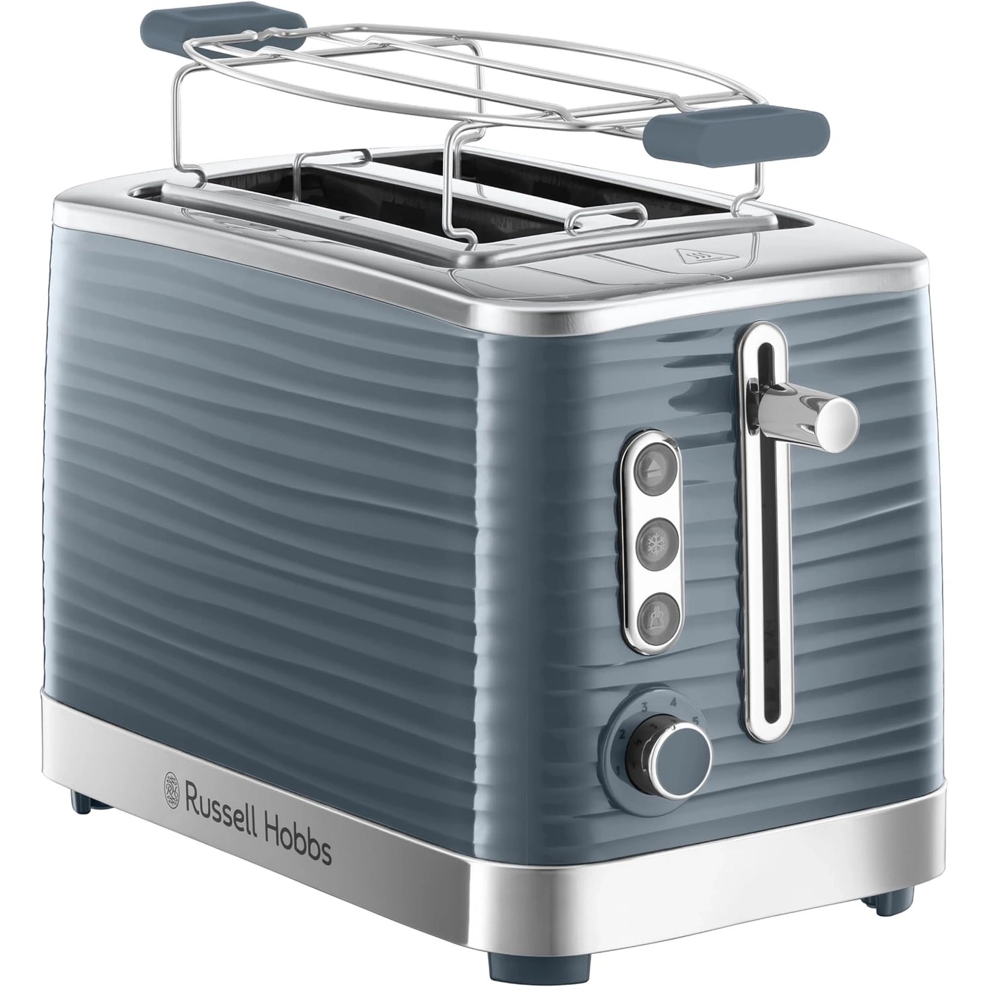 Grauer Russell Hobbs Toaster mit Brötchenaufsatz und Bräunungsregler