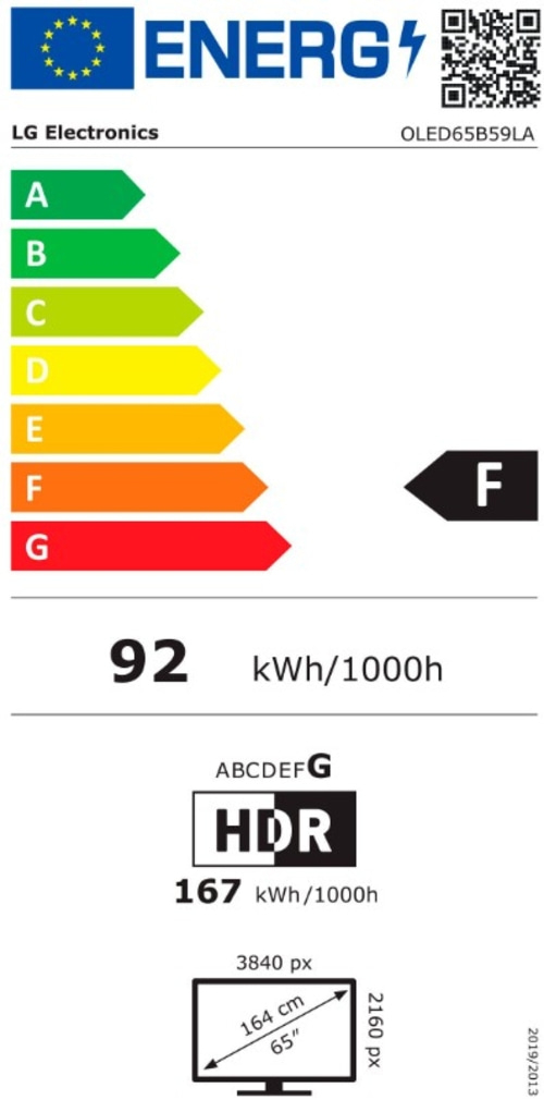 Energielabel eines LG Fernsehers mit Energieeffizienzklasse F und 92 kWh/1000h Verbrauch.